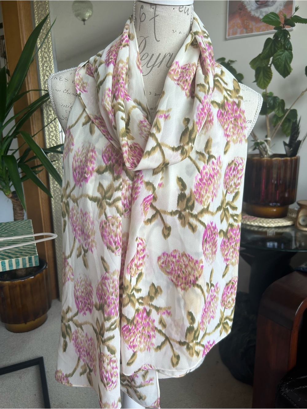 Floral Pink and Olive Scarf / Lightweight Wrap